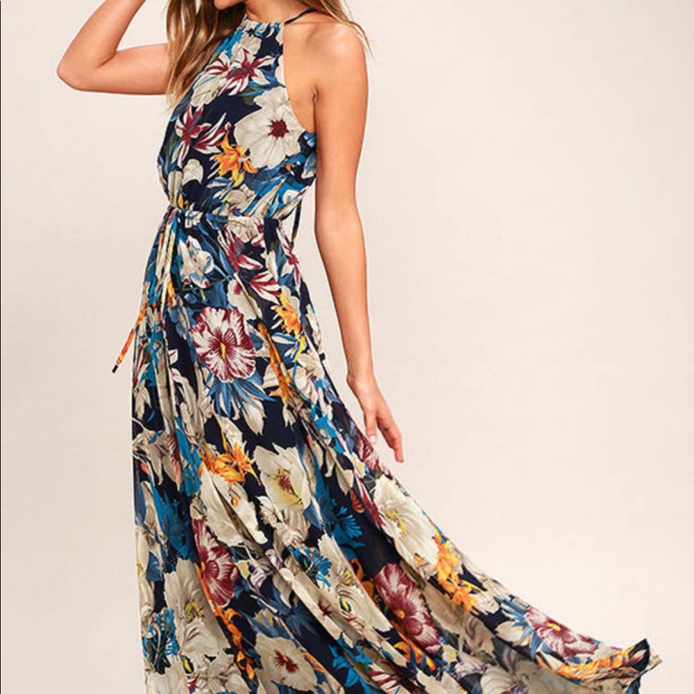 NWT Lulus Gazebo Spirit Navy Blue Floral Print Maxi Dress